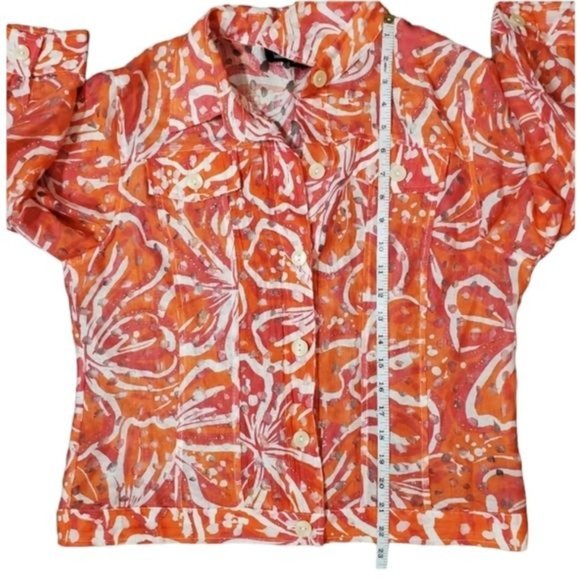 Linear Tropical Print Top Button Down Long Sleeve Sheer Blazer Size Md - Picture 6 of 9